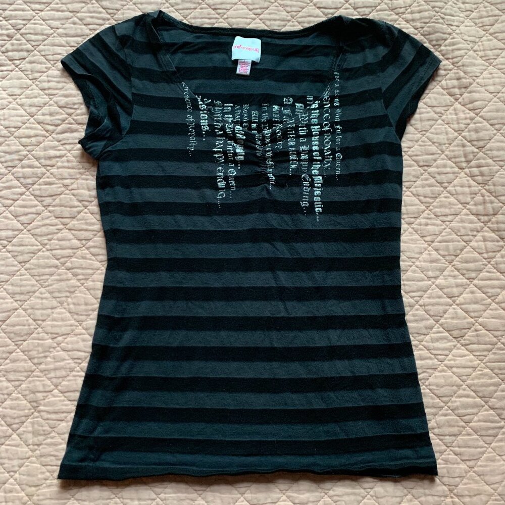 ONE STEP UP - black tee with grey striped and silver details cap sleeves - large